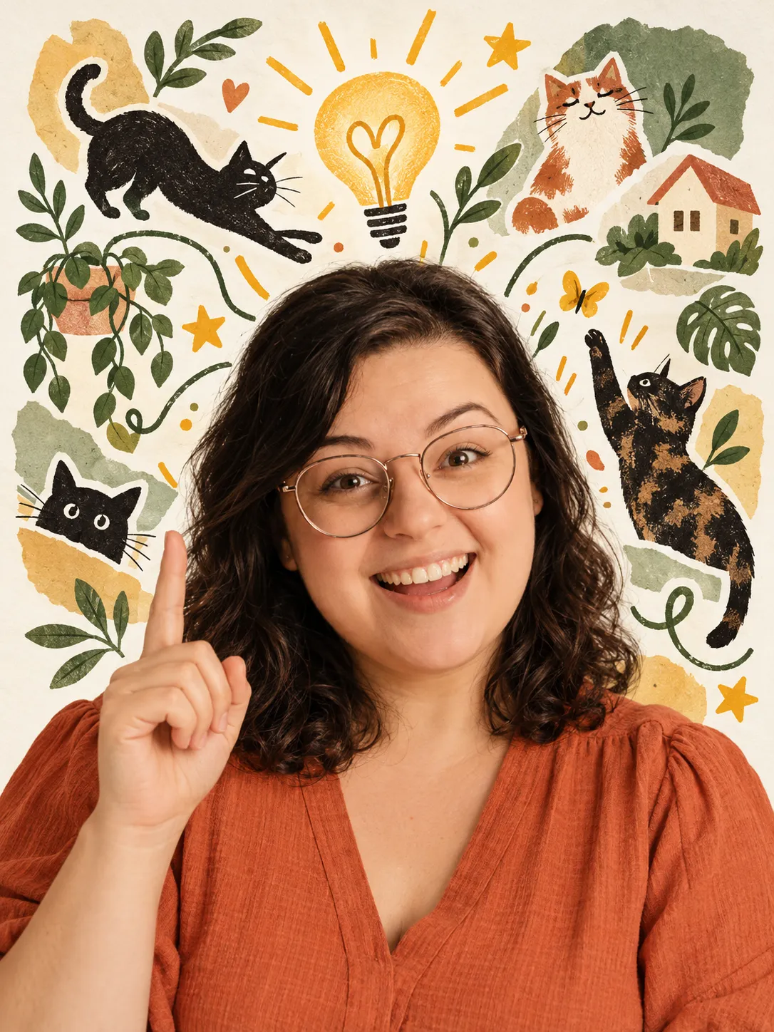 Retrato de mulher sorridente com ilustrações de gatos e uma lâmpada acesa ao redor, remetendo a ideias e cuidado felino.