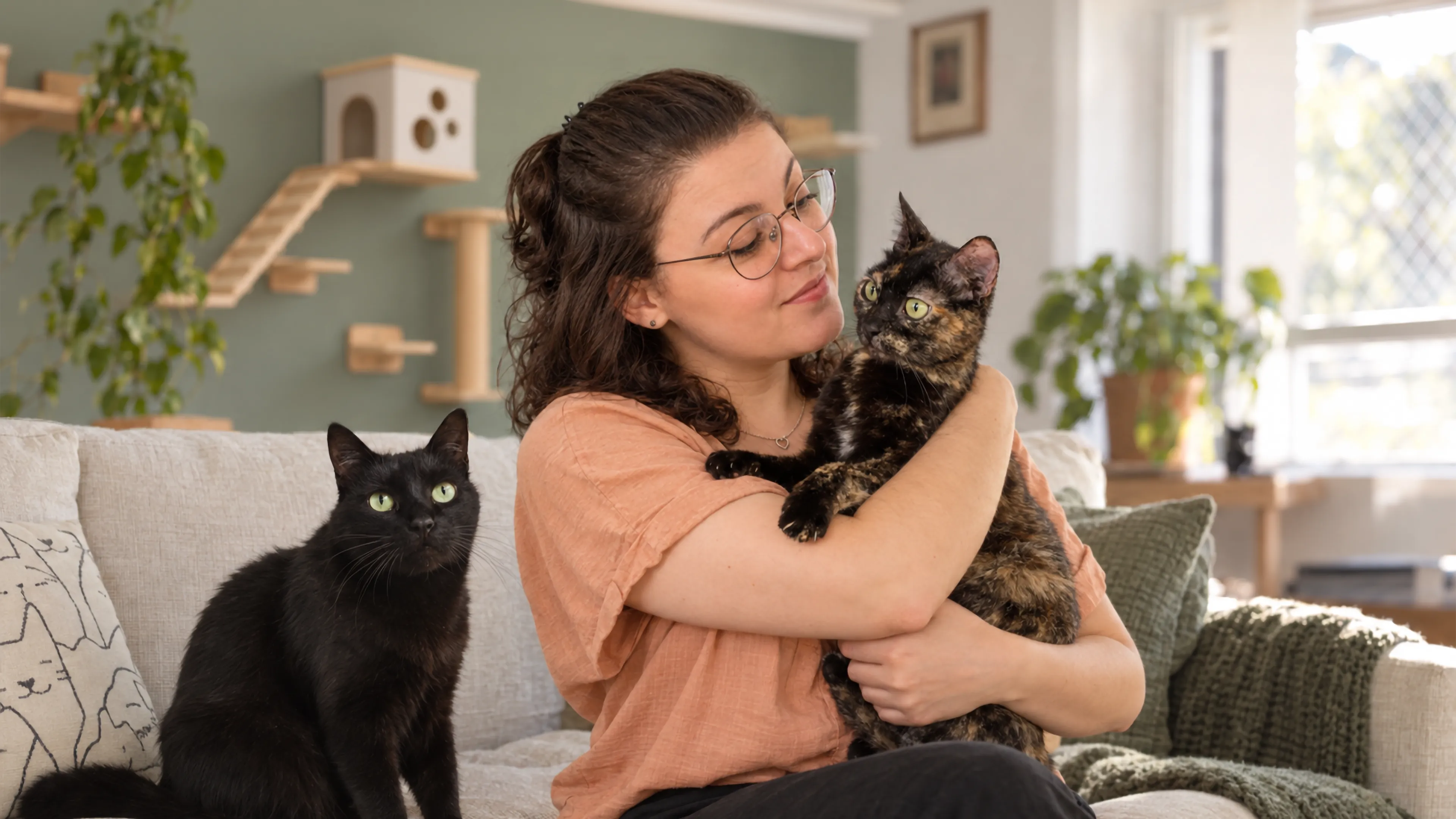 Mulher sorridente abraçando um gato preto, com um gato tricolor ao lado, em sala aconchegante com plantas.